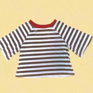 Striped Brown & White 3/4 Sleeve Tee with Red Neckline
